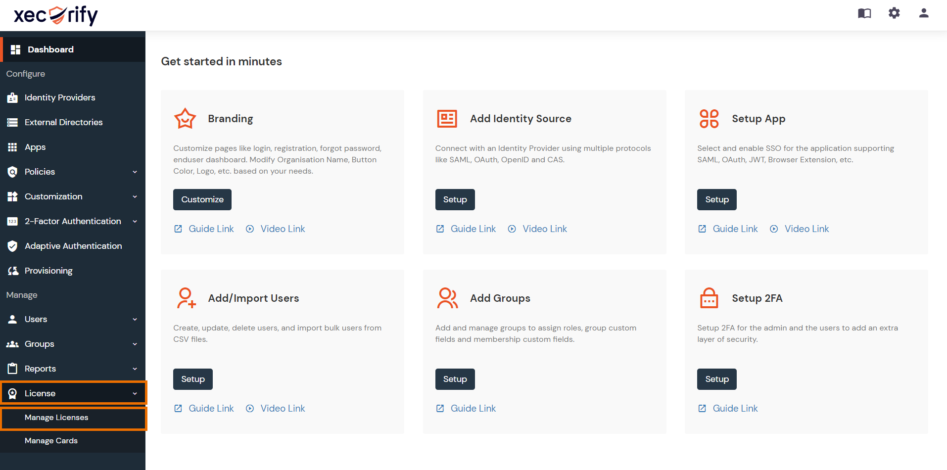 Xecurify dashboard to manage licenses